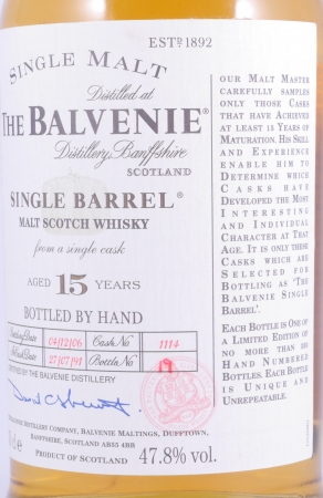 Balvenie 1991 15 Years Oak Cask No. 1114 Single Barrel Highland Single Malt Scotch Whisky 47.8%