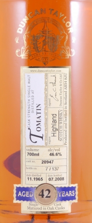 Tomatin 1965 42 Years Oak Cask No. 20947 Duncan Taylor Cask Strength Rare Auld Edition Highland Single Malt Scotch Whisky 46,6%