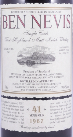 Ben Nevis 1967 41 Years Sherry Hogshead Cask No. 1281 Highland Single Malt Scotch Whisky Cask Strength 49,4%