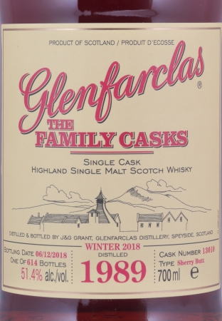 Glenfarclas 1989 28 Years The Family Casks Winter 2018 1st Fill Sherry Butt Cask No. 13010 Highland Single Malt Scotch Whisky 51.4%