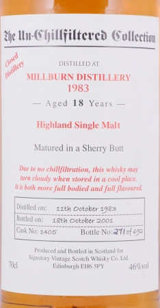 Millburn 1983 18 Years Sherry Butt Cask No. 1405 Signatory The Un-Chillfiltered Collection Highland Single Malt Scotch Whisky 46.0%