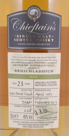 Bruichladdich 1989 23 Years Rum Barrel Finish Cask No. 93471 Ian McLeod Chieftains Choice Single Malt Scotch Whisky 46.0%