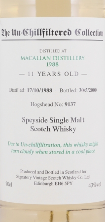 Macallan 1988 11 Years Hogshead No. 9137 Signatory Vintage The Un-Chillfiltered Collection Speyside Single Malt Scotch Whisky 43.0%