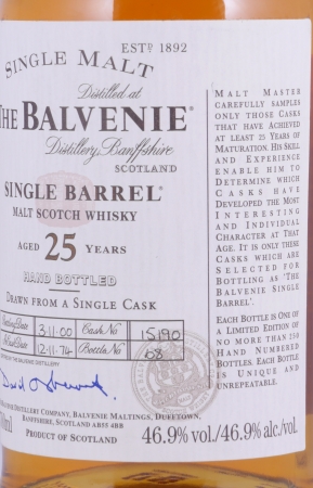 Balvenie 1974 25 Years Single Barrel Oak Cask No. 15190 Highland Single Malt Scotch Whisky 46,9%
