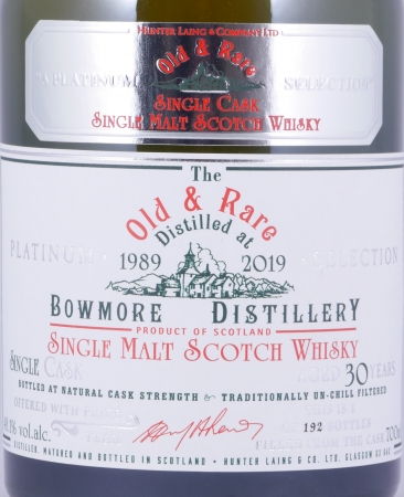 Bowmore 1989 30 Years Hunter Laing Old and Rare Heritage Platinum Selection Islay Single Malt Scotch Whisky Cask Strength 48.1%