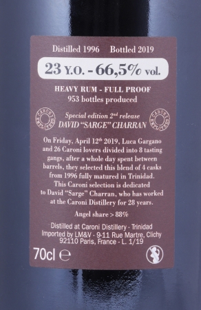 Velier Caroni 1996 23 Years Employees Special Edition 2nd Release David “Sarge” Charran Full Proof Heavy Trinidad Rum 66,5%