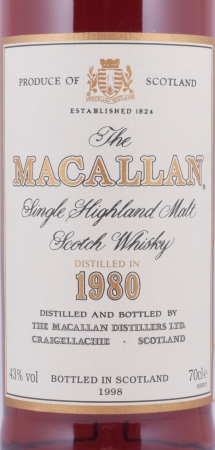 Macallan 1980 18 Years bottled in 1998 Sherry Wood Highland Single Malt Scotch Whisky 43.0%