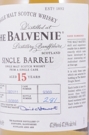 Balvenie 1995 15 Years Oak Cask No. 9369 Single Barrel Highland Single Malt Scotch Whisky 47.8%