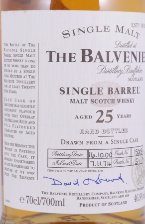 Balvenie 1974 25 Years Single Barrel Oak Cask No. 15015 Highland Single Malt Scotch Whisky 46,9%