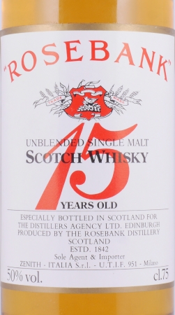 Rosebank 15 Years The Distillers Agency Edinburgh Zenith Milano Unblended Lowland Single Malt Scotch Whisky 50,0%