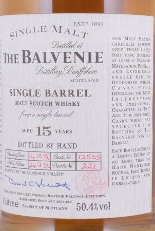 Balvenie 1980 15 Years Single Barrel Cask No. 12505 Highland Single Malt Scotch Whisky 50.4% 1.0 L