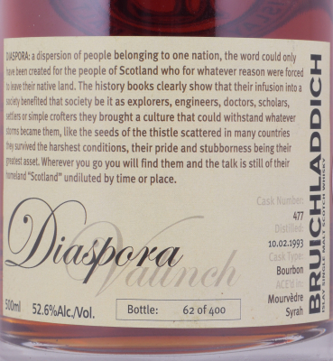 Bruichladdich 1993 16 Years Bourbon / Mourvèdre/Syrah Oak Cask No. 477 Valinch Diaspora 2009 Islay Single Malt Scotch Whisky 52,6%