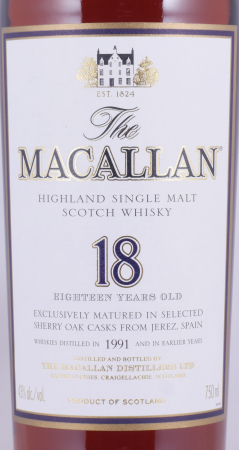 Macallan 1991 18 Years Sherry Oak Highland Single Malt Scotch Whisky 750ml Remy Cointreau NY 43,0%
