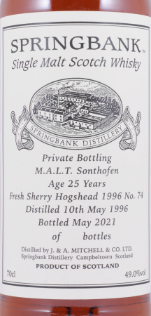 Springbank 1996 25 Years Fresh Sherry Hogshead Cask No. 74 Private Bottling M.A.L.T. Sonthofen Campbeltown Single Malt Scotch Whisky 49.0%