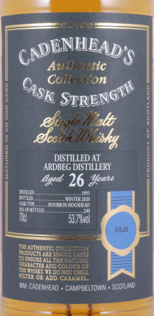 Ardbeg 1993 26 Years Bourbon Hogshead Cadenheads Authentic Collecton Islay Single Malt Scotch Whisky Cask Strength 53,7%