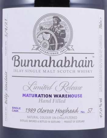 Bunnahabhain 1989 31 Years Oloroso Sherry Hogshead Cask No. 57 Limited Release Maturation Warehouse Hand Filled Islay Single Malt Scotch Whisky 47.0%
