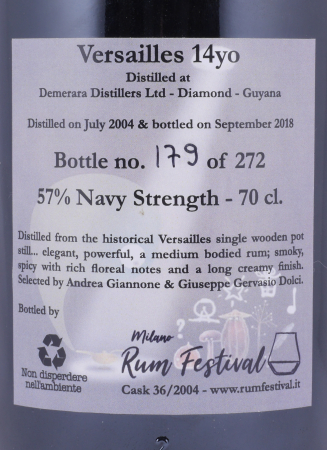 Diamond Demerara 2004 14 Years Single Cask No. 36/2004 Milano Rum Festival Versailles Navy Strength Guyana Rum 57.0%