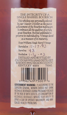 Evan Williams 1993 9 Years Single Barrel No. 43 Kentucky Straight Bourbon Whiskey 43,3%