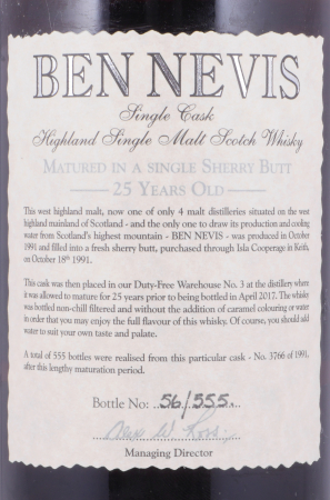 Ben Nevis 1991 25 Years Fresh Sherry Butt Cask No. 3766 Highland Single Malt Scotch Whisky 57,1%
