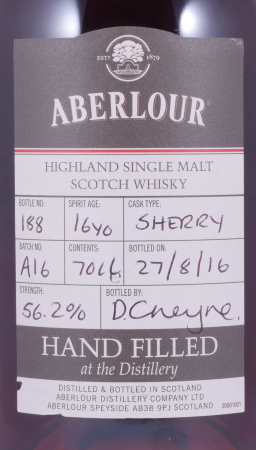 Aberlour 16 Years Sherry Casks Batch A16 Hand Filled Speyside Single Malt Scotch Whisky 56.2%