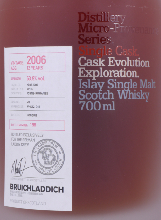 Bruichladdich 2006 12 Years Vosne-Romanée Cask No. 501 Micro-Provenance Single Cask Evolution Islay Single Malt Scotch Whisky 63,9%