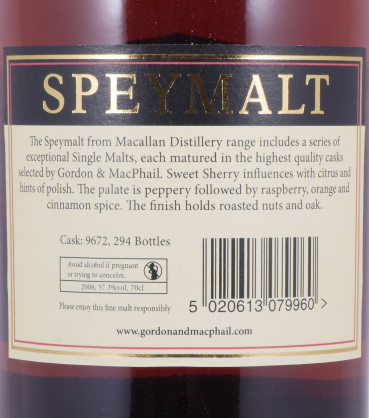 Macallan Speymalt 2006 14 Years First Fill Sherry Cask No. 9672 Gordon and MacPhail Highland Single Malt Scotch Whisky 57.3%