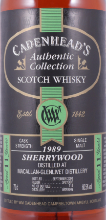 Macallan 1989 11 Years Sherry Wood Cadenhead Speyside Single Malt Scotch Whisky Cask Strength 60,5%