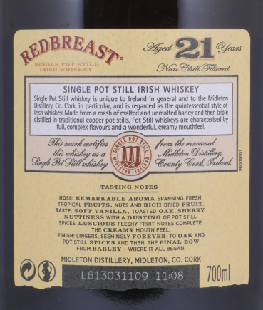 Redbreast 21 Years Limited 2016 Release Single Pott Still Irish Whiskey 46.0%