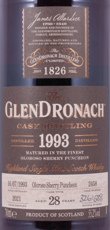Glendronach 1993 28 Years Oloroso Sherry Puncheon No. 2458 Highland Single Malt Scotch Whisky 55.2%