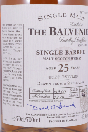 Balvenie 1974 25 Years Single Barrel Oak Cask No. 10140 Highland Single Malt Scotch Whisky 46,9%