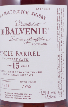 Balvenie 1999 15 Years Single Barrel European Oak Sherry Cask No. 2801 Highland Single Malt Scotch Whisky 47,8%