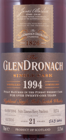 Glendronach 1994 21 Years Pedro Ximenez Sherry Puncheon No. 3274 Highland Single Malt Scotch Whisky 53,1%