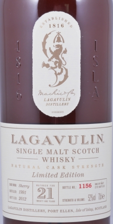 Lagavulin 1991 21 Years First Fill Sherry Casks Special Release 2012 Limited Edition Islay Single Malt Scotch Whisky Cask Strength 52,0%