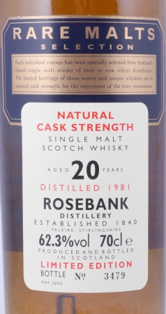 Rosebank 1981 20 Years Diageo Rare Malts Selection Limited Edition 2002 Lowland Single Malt Scotch Whisky Cask Strength 62.3%