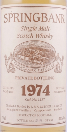 Springbank 1974 28 Years Bourbon Cask No. 1157 Private Bottling Campbeltown Single Malt Scotch Whisky Cask Strength 46,0%