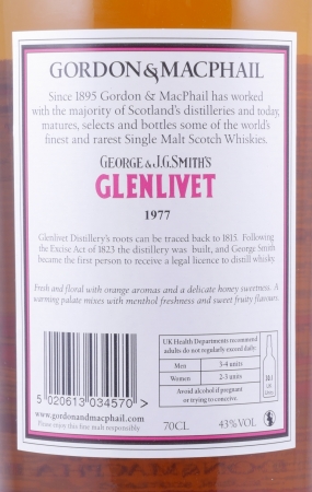 Glenlivet 1977 35 Years  Refill Sherry and American Hogsheads Gordon and MacPhail J.G. Smiths Label Speyside Single Malt Scotch Whisky 43.0%