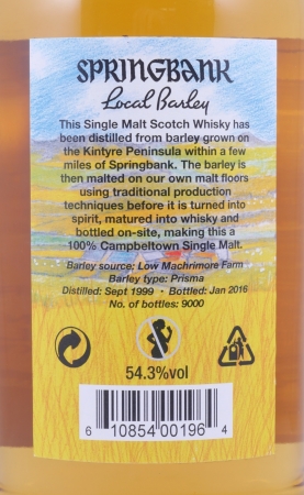 Springbank Vintage 1999 16 Years Local Barley Release 2016 Campbeltown Single Malt Scotch Whisky Cask Strength 54.3%