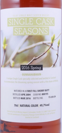 Bunnahabhain 2004 11 Years Islay Single Malt Scotch Whisky Cask 800195 Single Cask Seasons Spring 2016 49,7%