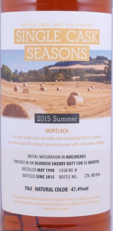 Mortlach 1998 17 Years Hogshead/Sherry Butt Finish Cask No. 4 Single Cask Seasons Summer 2015 Speyside Single Malt Scotch Whisky 47.4%