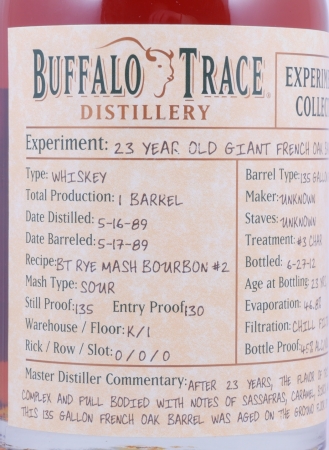 Buffalo Trace 1989 23 Years Giant French Oak Barrel 11. Release Experimental Collection 2012 Bourbon Whiskey 45.0%