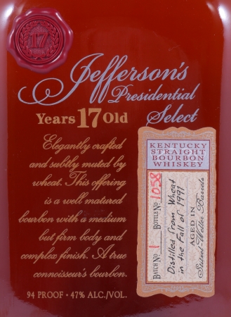 Jeffersons Presidential Select 17 Years Batch No. 1 Stitzel-Weller Barrels Kentucky Straight Bourbon Whiskey 47.0%