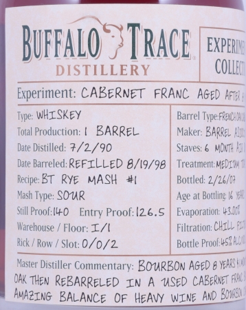Buffalo Trace 1990 16 Years Cabernet Franc French Oak Barrel 4. Release Experimental Collection 2008 Bourbon Whiskey 45,0%