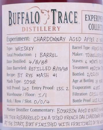 Buffalo Trace 1988 19 Years Chardonnay French Oak Barrel 2. Release Experimental Collection 2007 Bourbon Whiskey 45,0%