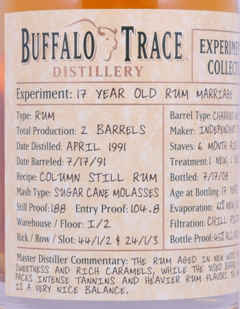 Buffalo Trace 1991 17 Years Rum Marriage 5. Release Experimental Collection 2008 Bourbon Whiskey 45,0%
