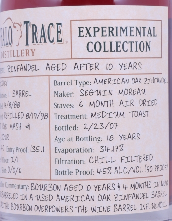 Buffalo Trace 1988 18 Years American Oak Zinfandel Barrel 3. Release Experimental Collection 2007 Bourbon Whiskey 45,0%