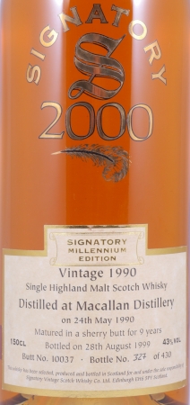 Macallan 1990 9 Years Sherry Butt No. 10037 Signatory Millenium Edition Highland Single Malt Scotch Whisky 43.0% Vol. 1.5L