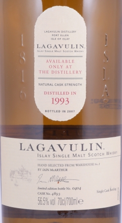 Lagavulin 1993 Feis Ile 2007 14 Years European Oak Cask No. 4893 Limited Edition Islay Single Malt Scotch Whisky Cask Strength 56,5%