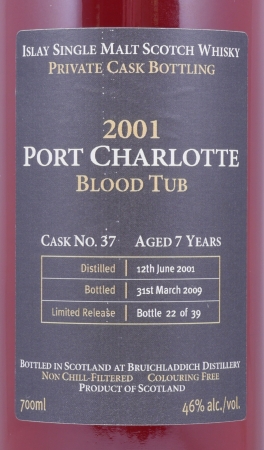 Bruichladdich 2001 7 Years Port Charlotte Blood Tub Cask No. 37 Private Cask Limited Release Islay Single Malt Scotch Whisky 46.0%