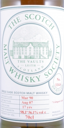 Longrow 1990 17 Years Oak Cask No. 114.6 Scotch Malt Whisky Society A Dragons Dram Campbeltown Single Malt Scotch Whisky Cask Strength 56.1%