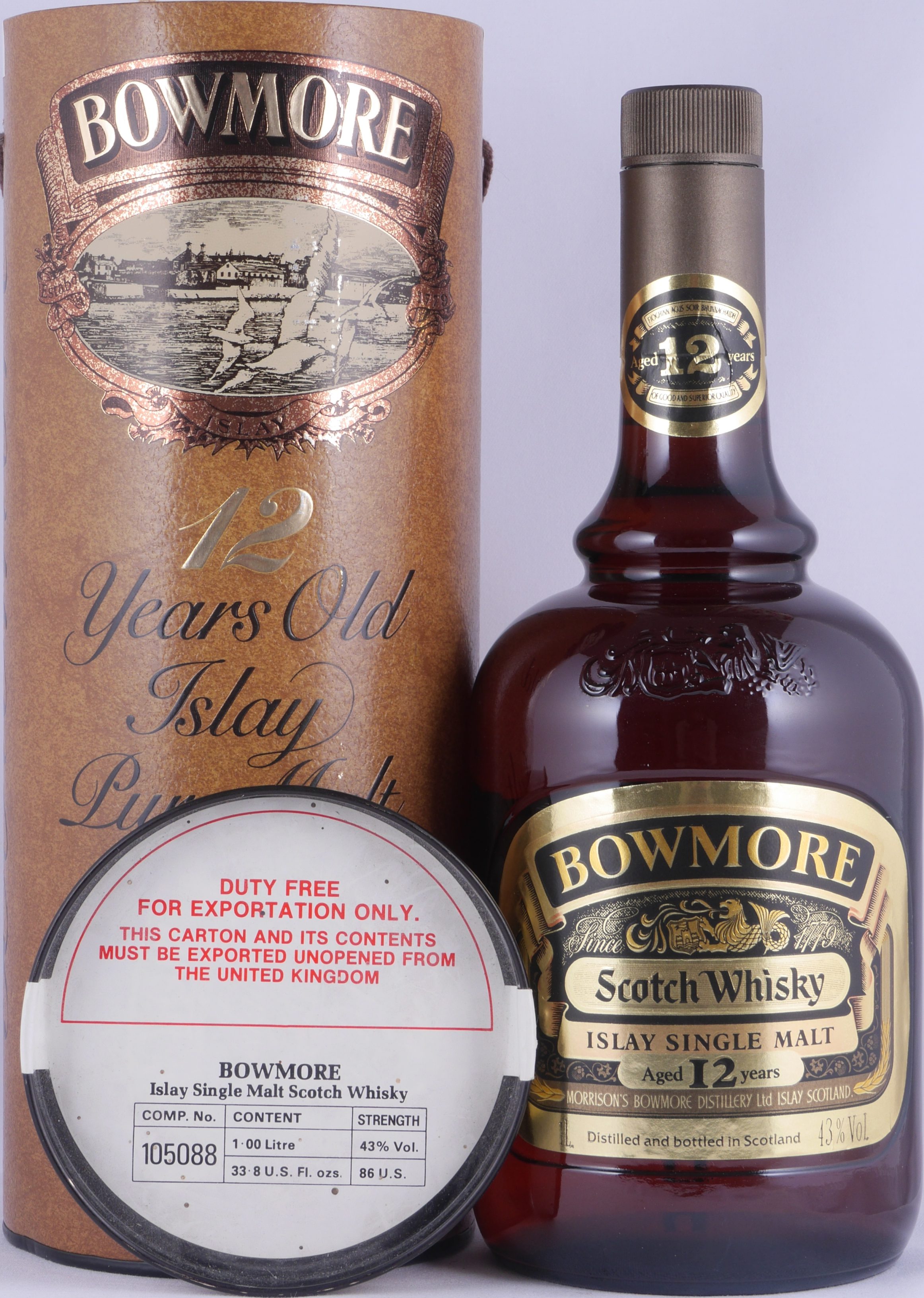 Bowmore 12 Years Gold Label Brown Dumpy Bottle Islay Pure Single Malt  Scotch Whisky 1 Liter-Abfüllung Morrisons Bowmore 43,0% Vol. bei AmCom  sicher online kaufen
